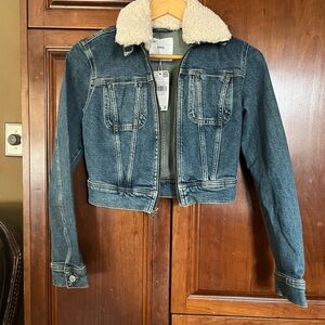 Mango Blue Denim Crop Jacket with Cream Detachable Sherpa Collar
